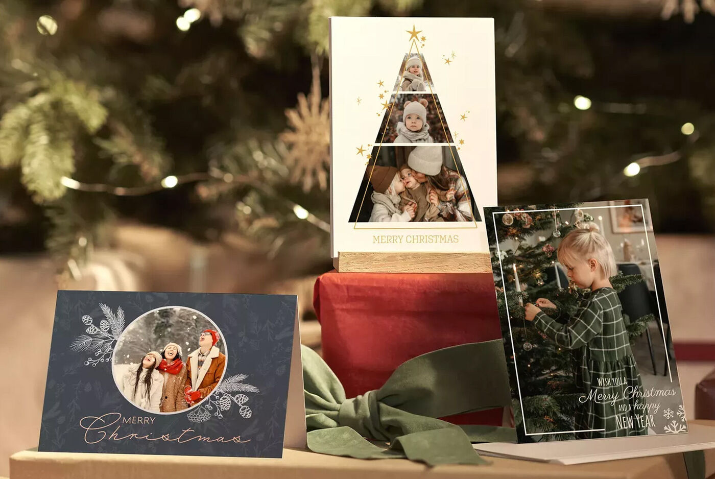 Tre biglietti natalizi festivi sopra un regalo. Albero di Natale illuminato sullo sfondo.