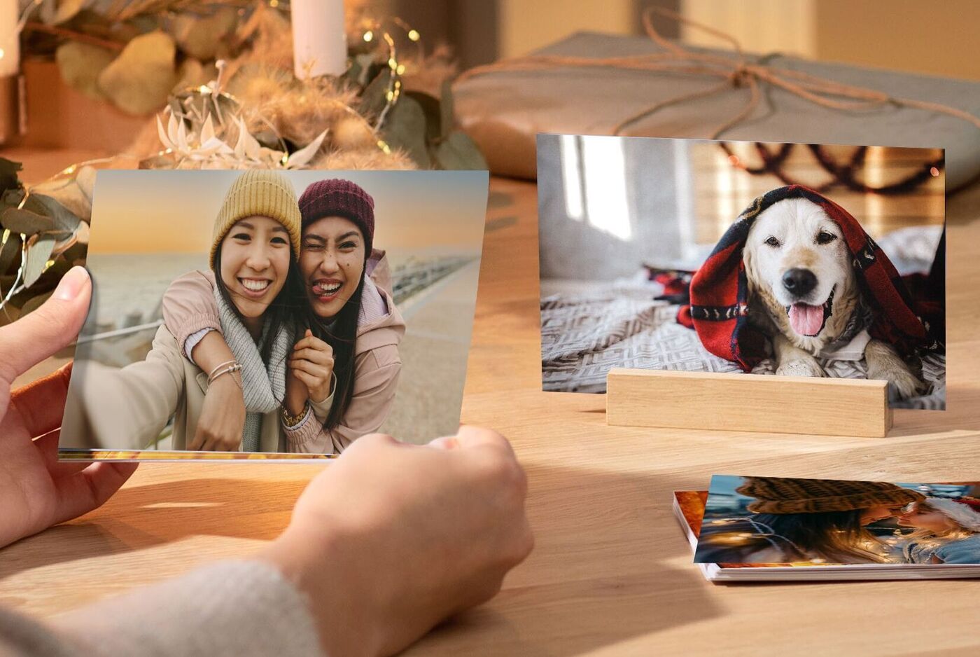 Due foto su un tavolo mostrano momenti affettuosi con amici e animali domestici.